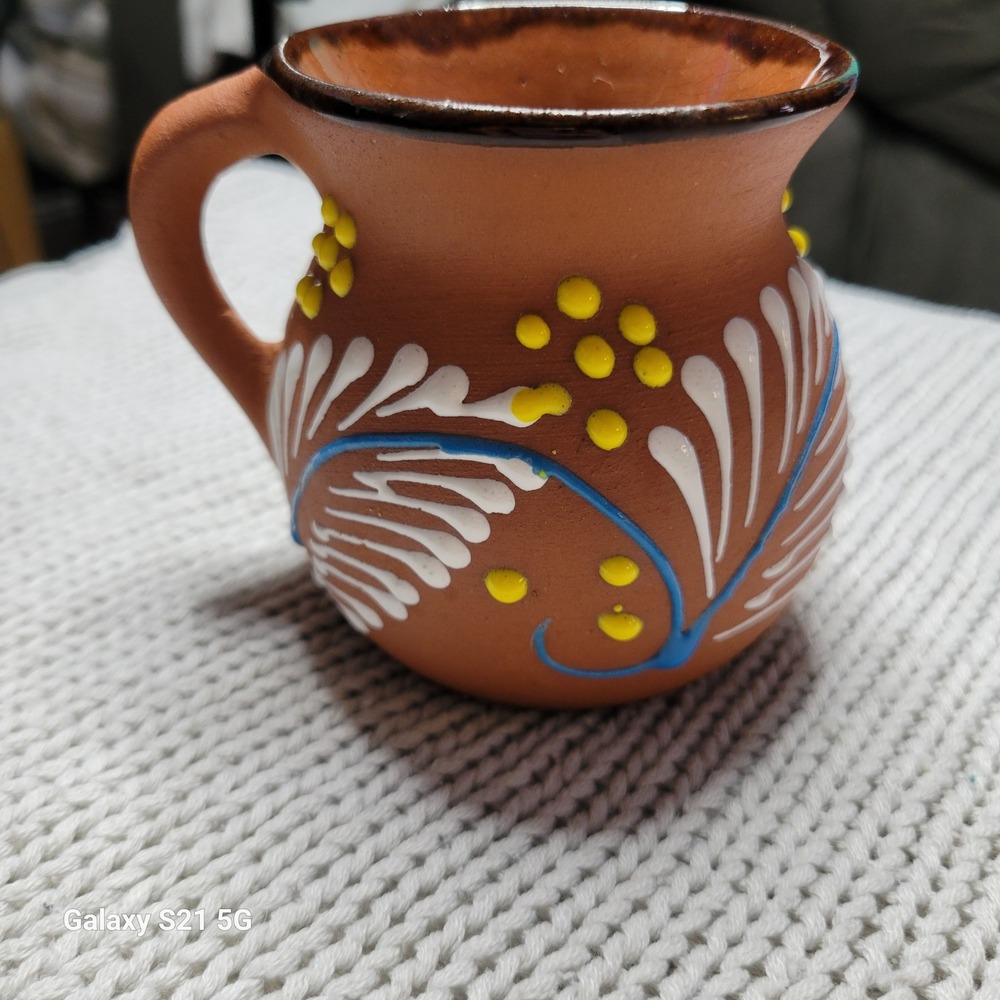 Handmade Mexican Terracotta Jarrito Mug Hand Painted Folk Art Clay Cup Mexico